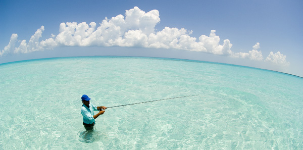 Fly fisherman casting for Bonefish in emerald green water